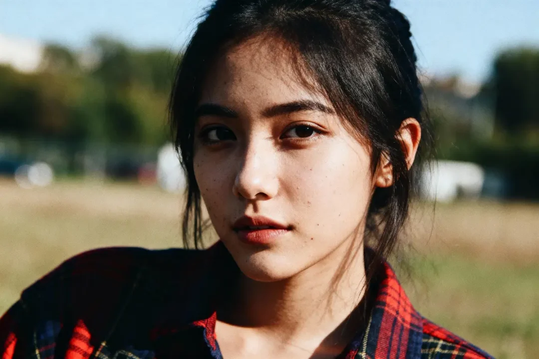 Jeune femme aux cheveux noirs, portant une chemise à carreaux rouge, regard intense, fond flou extérieur.