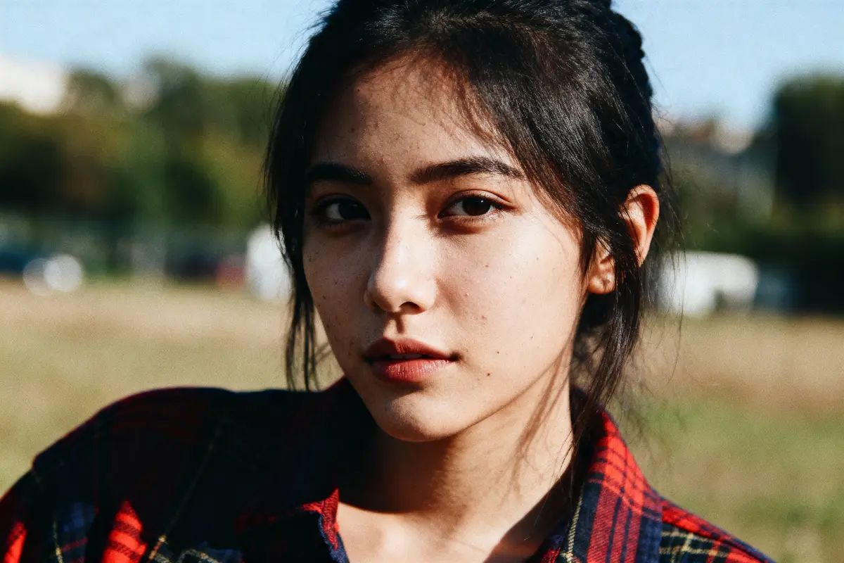 Jeune femme aux cheveux noirs, portant une chemise à carreaux rouge, regard intense, fond flou extérieur.