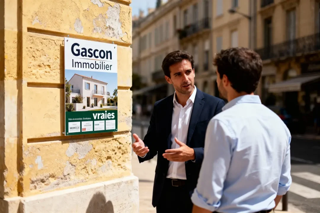 Deux hommes discutent devant une affiche immobilière, rue ensoleillée.