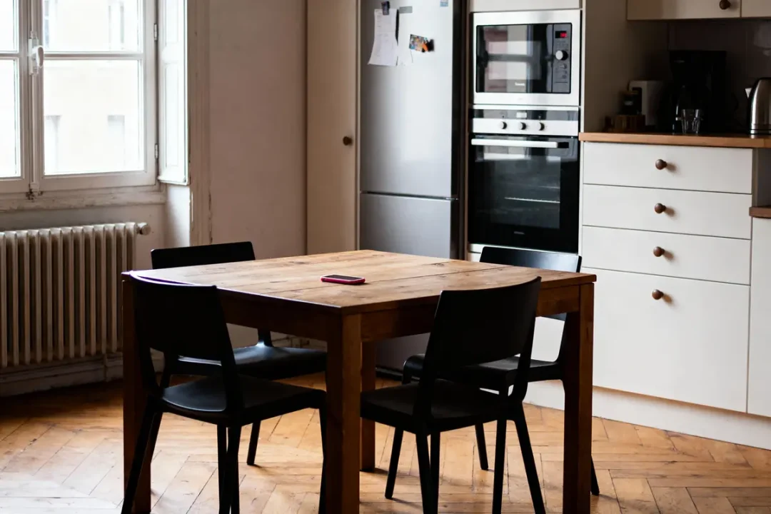 Cuisine moderne avec frigo, four encastré, table en bois, quatre chaises noires, fenêtre, parquet en bois.