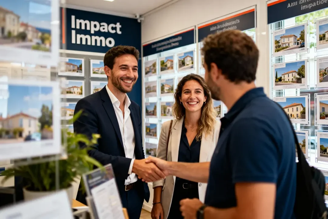 Trois personnes se serrant la main dans une agence immobilière, avec photos de maisons en arrière-plan.