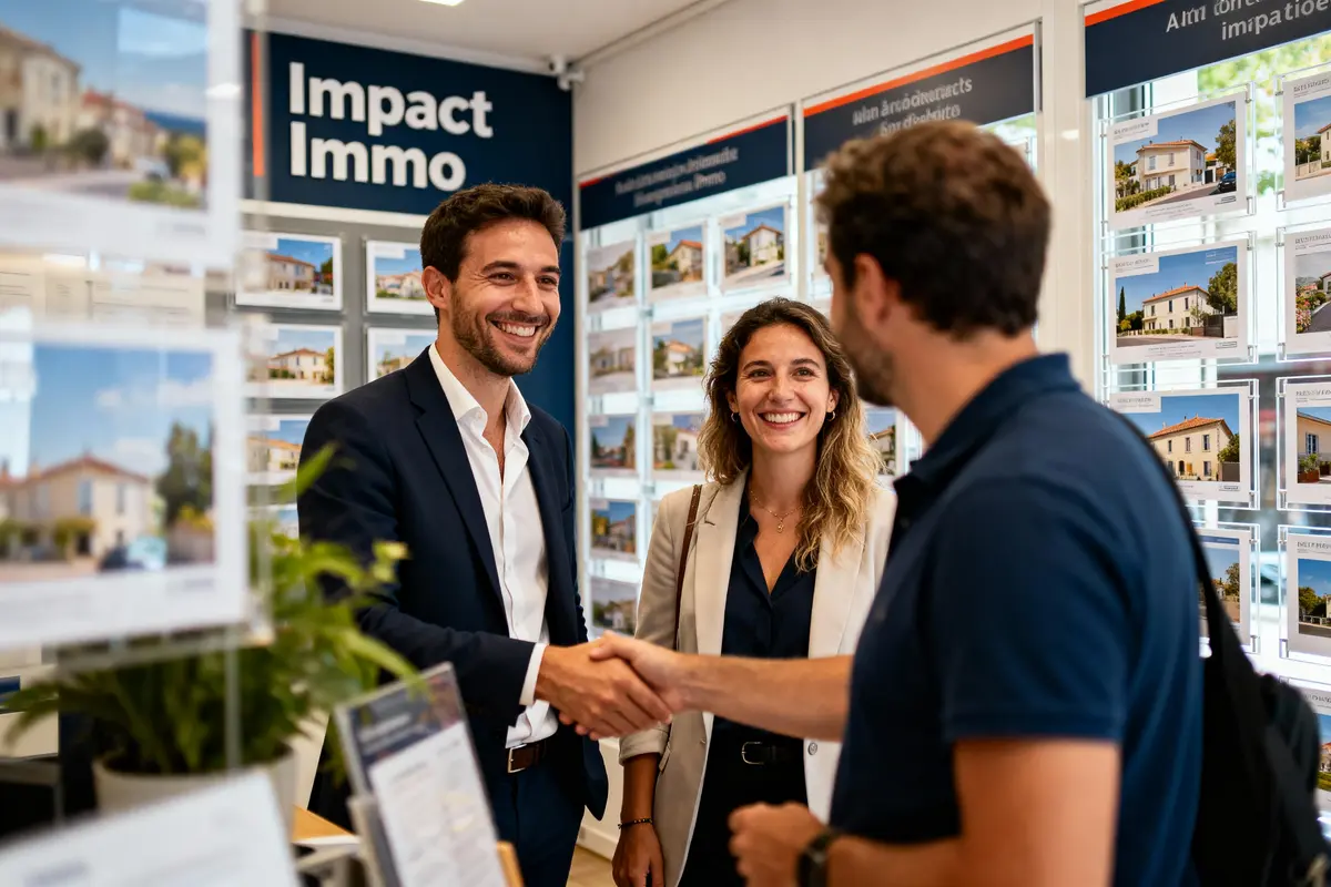 Trois personnes se serrant la main dans une agence immobilière, avec photos de maisons en arrière-plan.