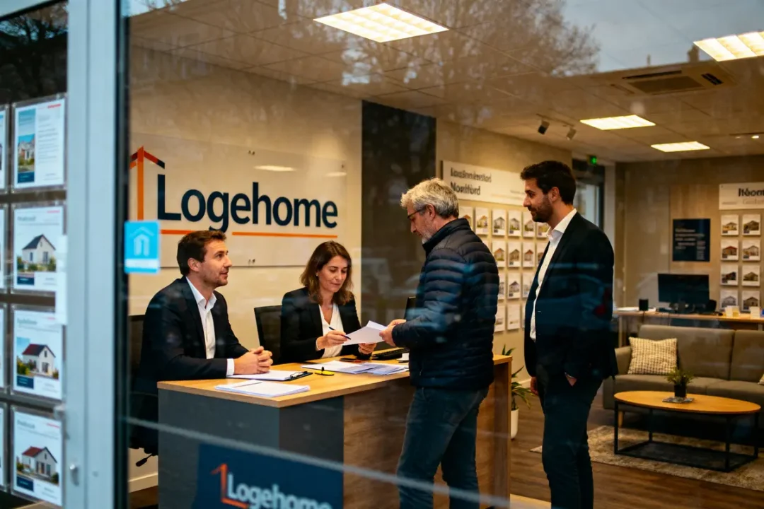 Quatre personnes discutent dans une agence immobilière Logehome, avec affiches de maisons en fond.