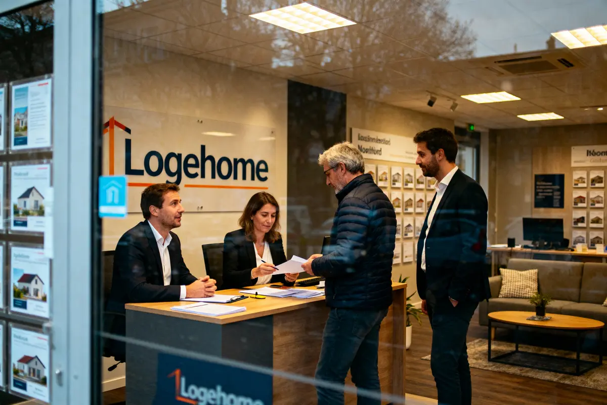 Quatre personnes discutent dans une agence immobilière Logehome, avec affiches de maisons en fond.