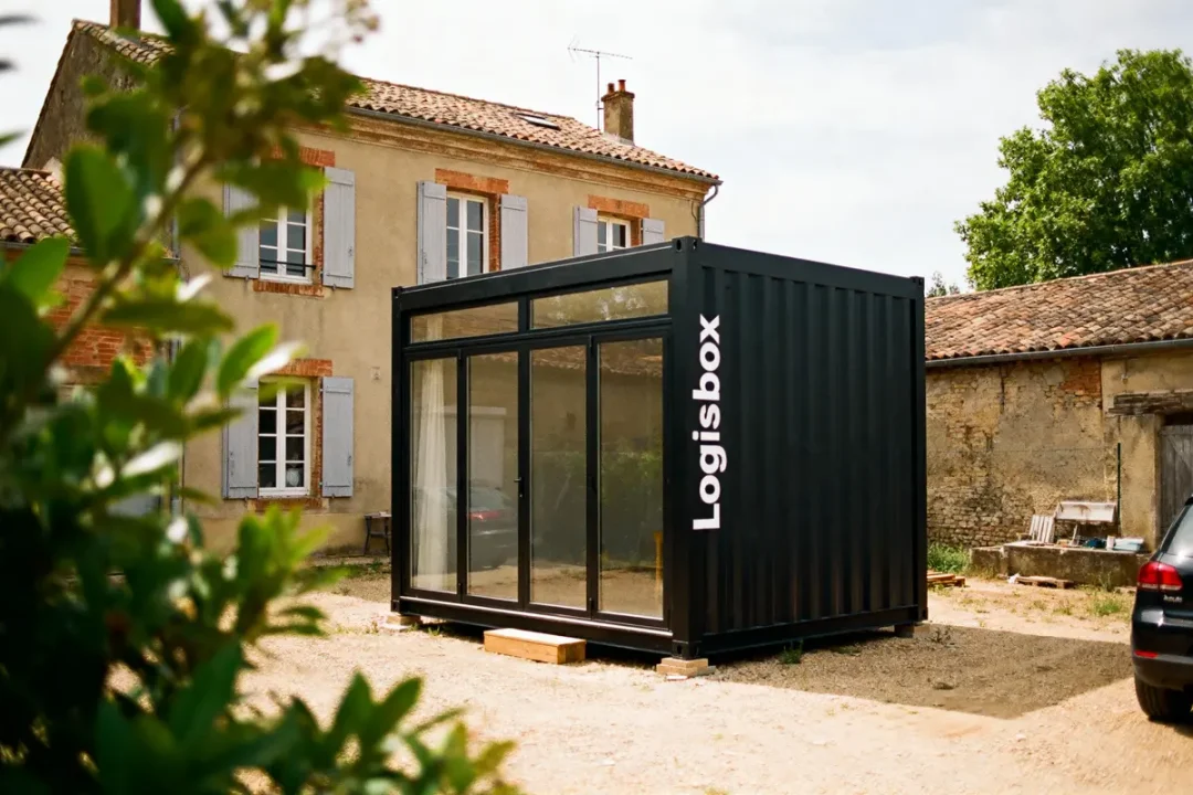 Un conteneur noir "Logisbox" devant une maison en pierre, ensoleillée, avec des volets bleus et végétation.