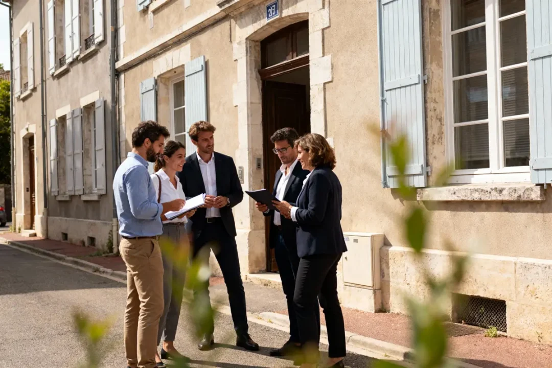 Cinq personnes en discussion, debout, avec des documents, devant un bâtiment beige aux volets bleus.
