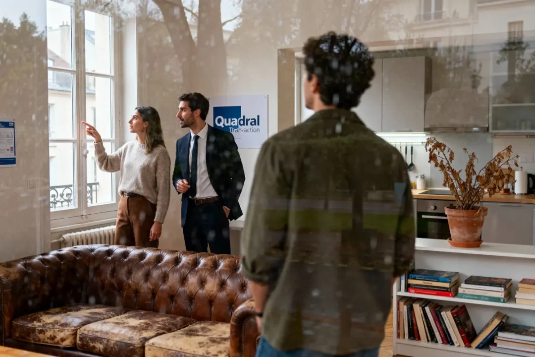 Trois personnes discutent dans un salon moderne avec canapé, bibliothèque. Reflets d'arbres sur la fenêtre.