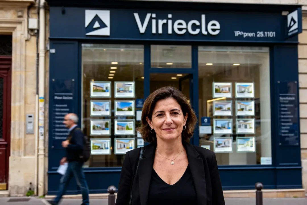 Une femme devant une agence immobilière avec photos en vitrine et logo "Viriecle" en arrière-plan.