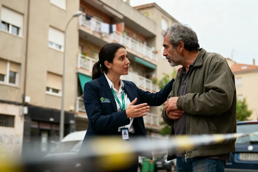 Une femme en uniforme discute avec un homme dans une rue résidentielle, bâtiments en arrière-plan.