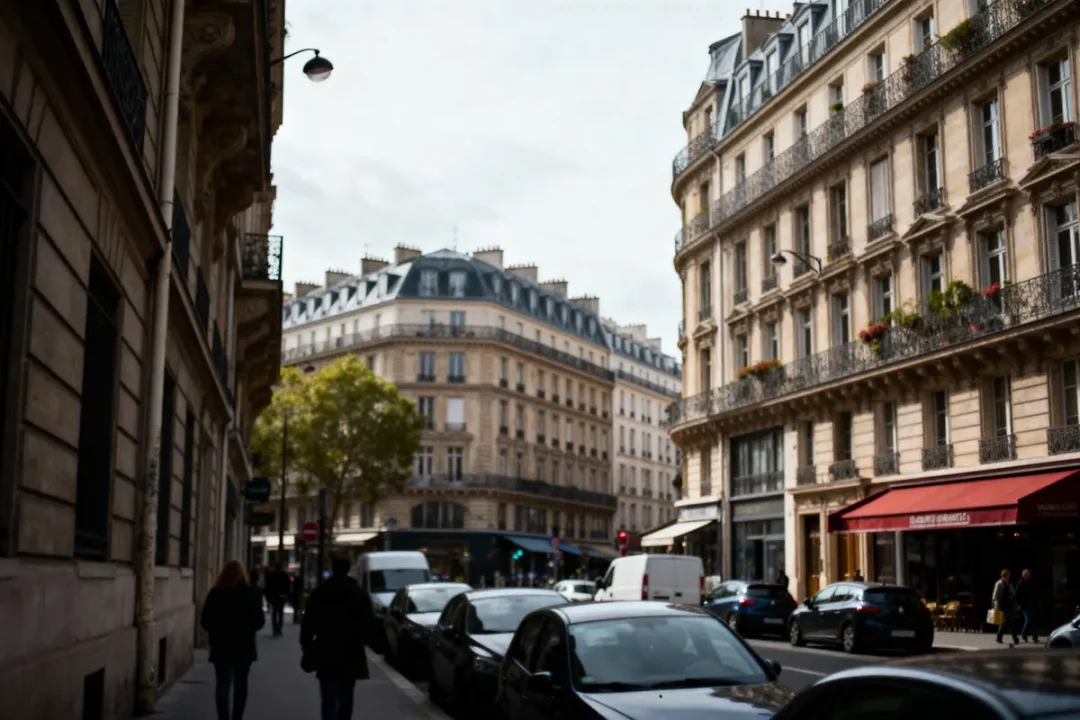 Rue parisienne avec bâtiments haussmanniens, voitures stationnées, passants marchant, arbres verts, ciel nuageux.