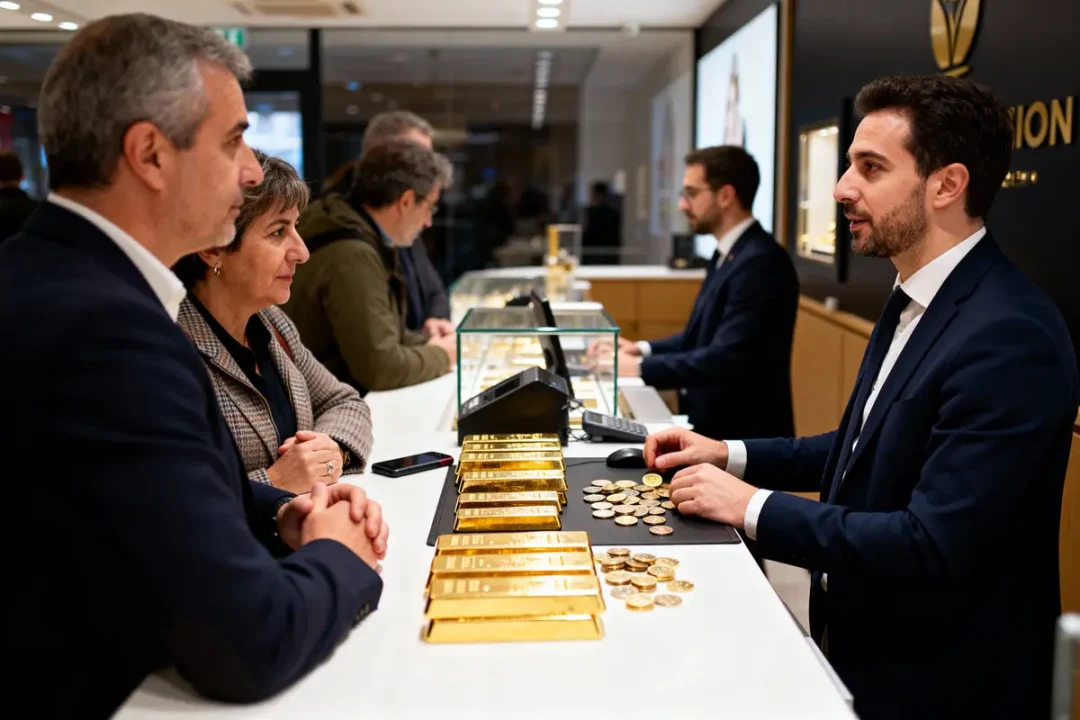 Personnes discutant, comptoir avec lingots et pièces d'or, employés en costume dans un magasin.