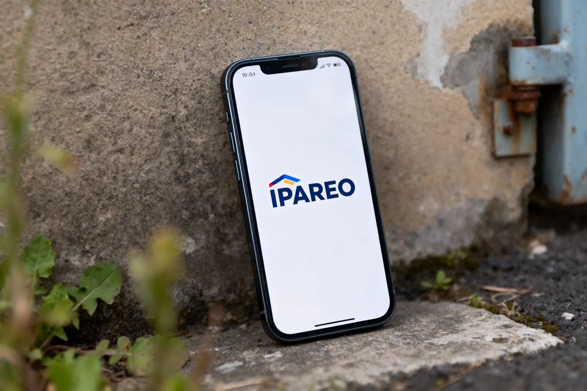 Smartphone avec logo IPAREO sur écran, adossé à un mur extérieur, herbe en premier plan.