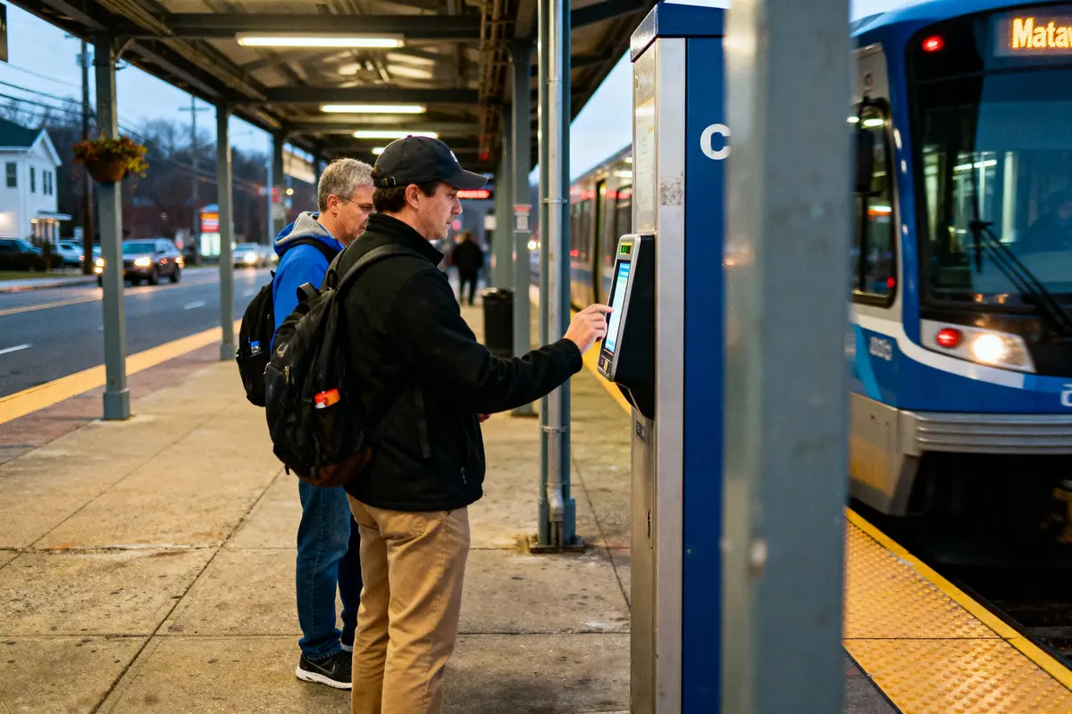 Deux personnes utilisent une borne de billetterie sur un quai de gare, avec un train à quai.