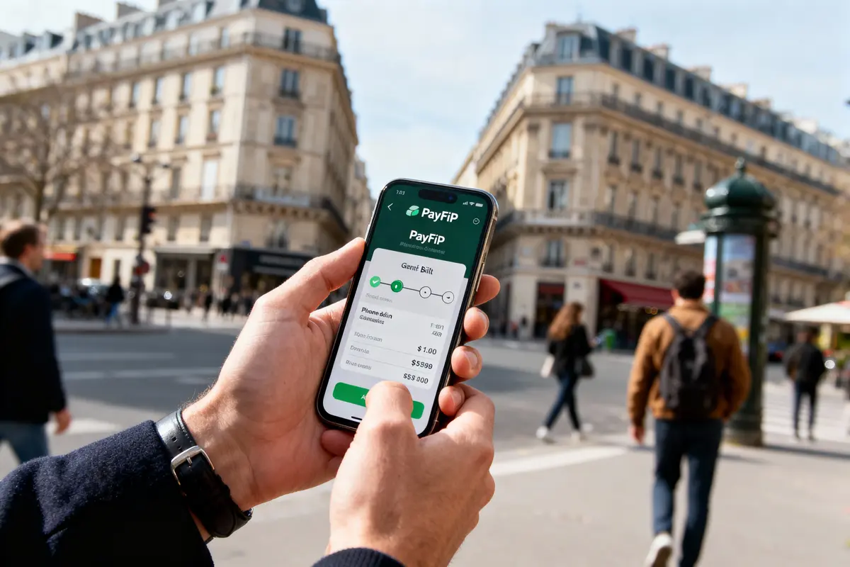 Personne tenant un smartphone avec application PayFiP, rue animée en arrière-plan, bâtiments haussmanniens à Paris.