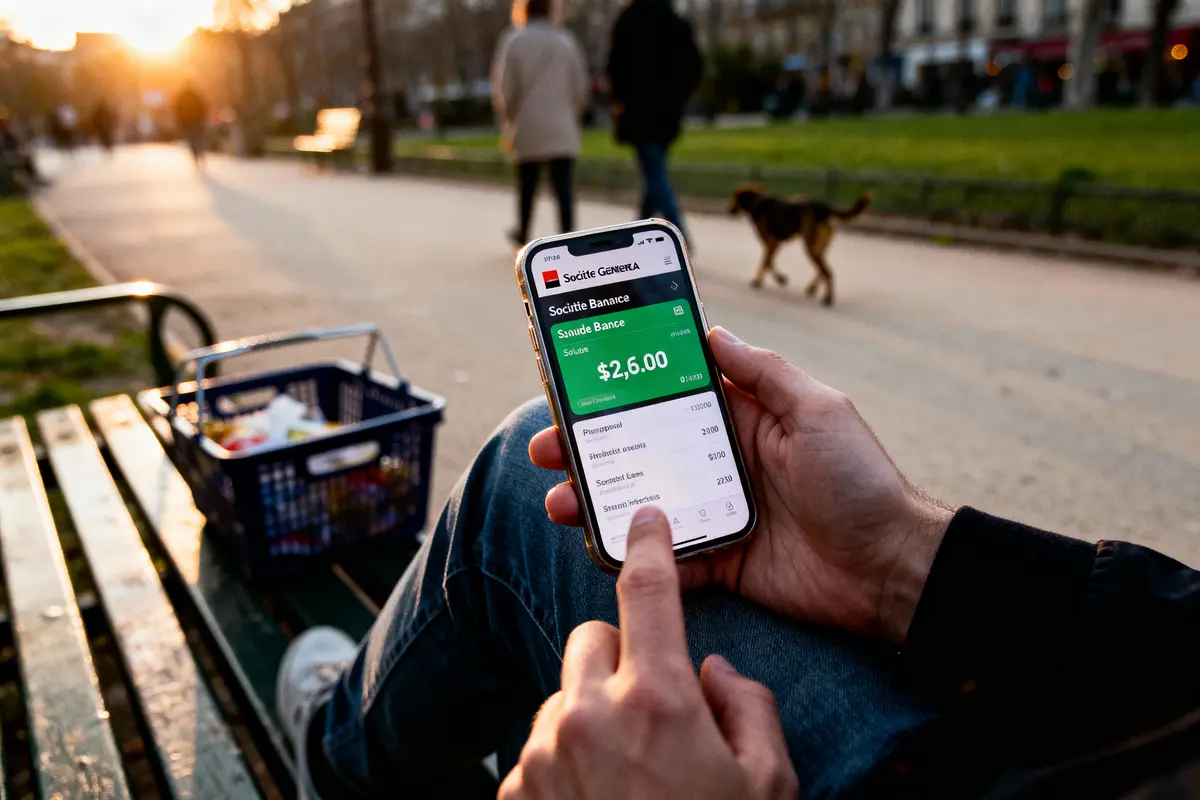 Personne utilisant smartphone avec application bancaire, panier et parc en arrière-plan au coucher du soleil, chien passant.