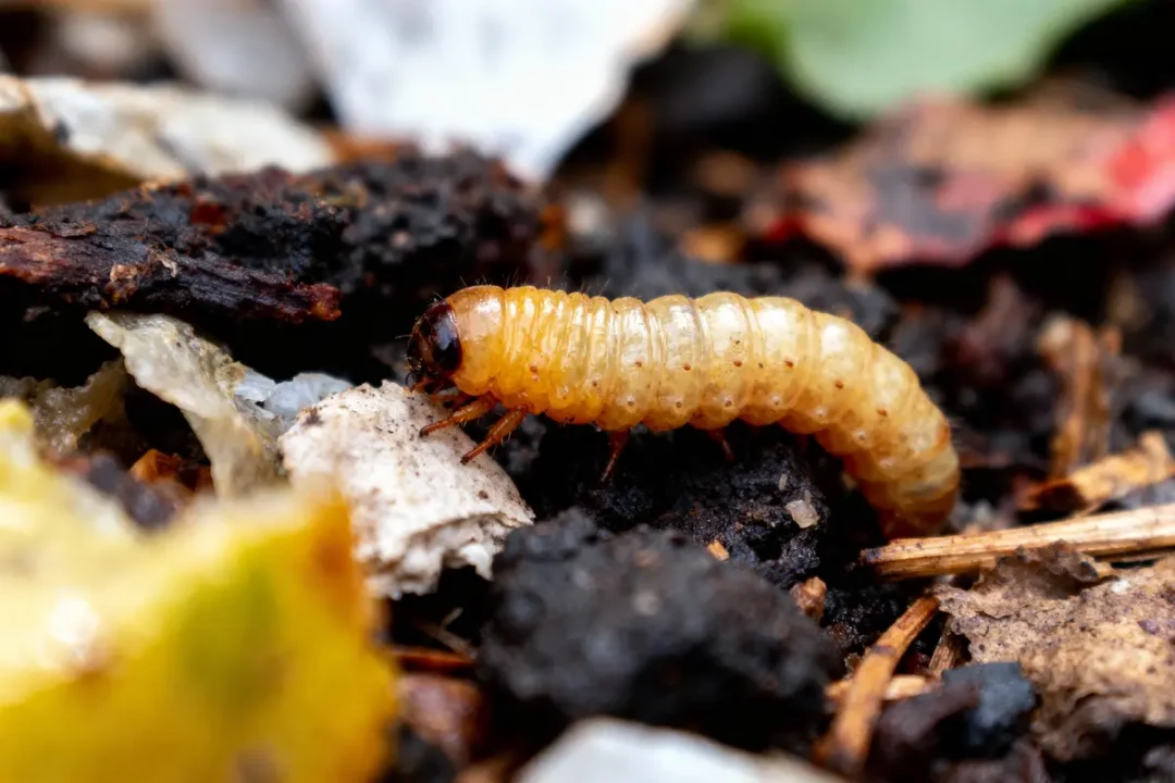 Gros plan d'une chenille orange sur du sol brun, entourée de feuilles et de matériaux en décomposition.