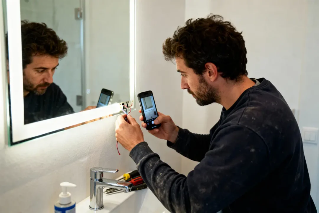 Homme photographiant des fils électriques derrière un miroir lumineux dans une salle de bain, smartphone en main.