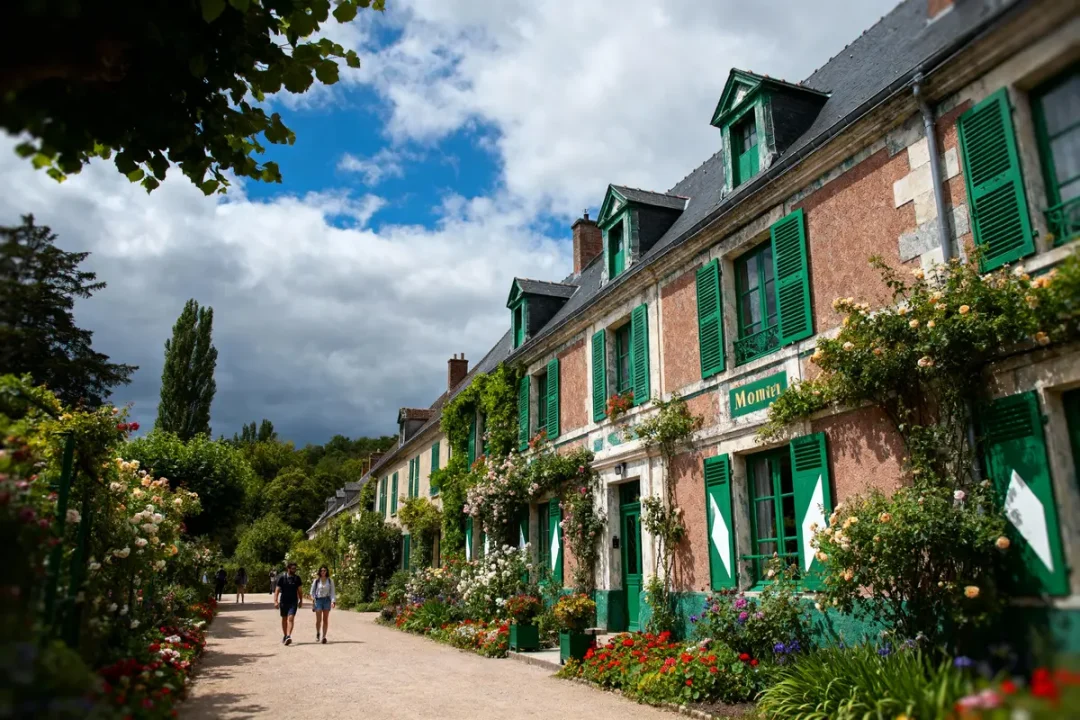 Grande maison avec volets verts, jardin fleuri, allée piétonne, ciel nuageux, située en campagne.