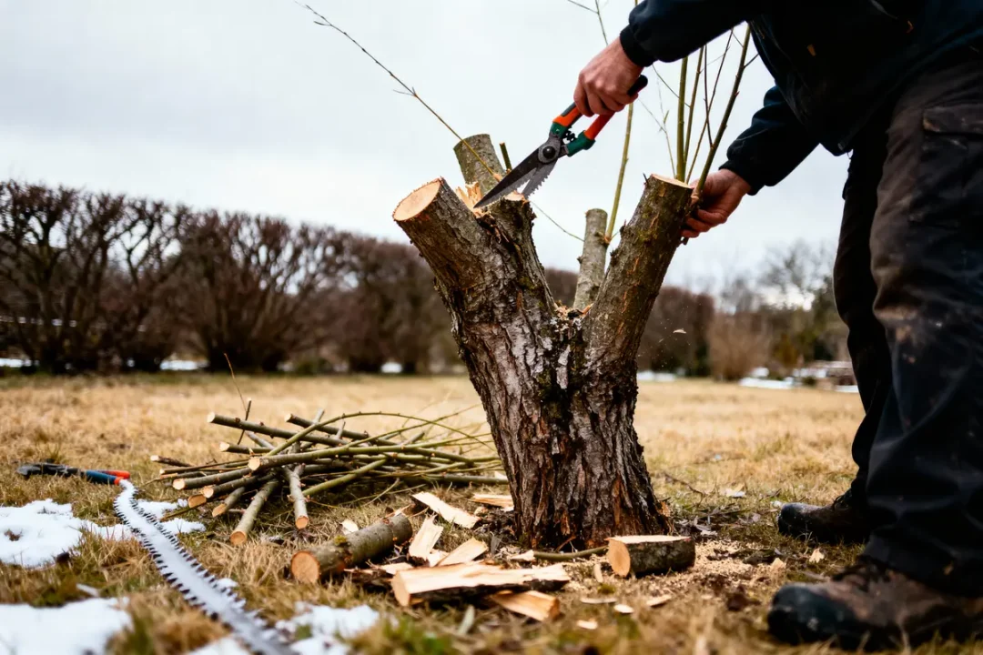 Personne taillant un tronc d'arbre avec sécateur, branches coupées au sol, paysage hivernal en arrière-plan.