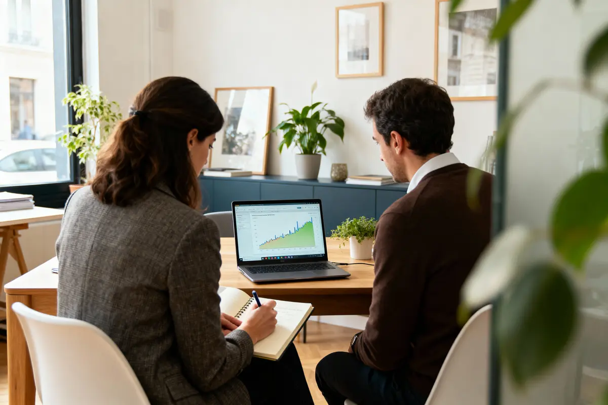 Deux personnes analysant des graphiques sur un ordinateur portable, carnet en main, dans un bureau lumineux.