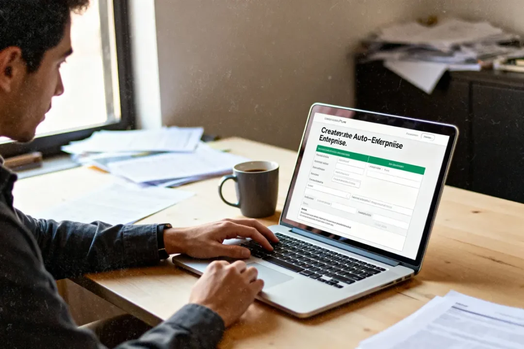 Homme travaille sur un ordinateur portable, formulaire en ligne affiché, documents et tasse sur le bureau.