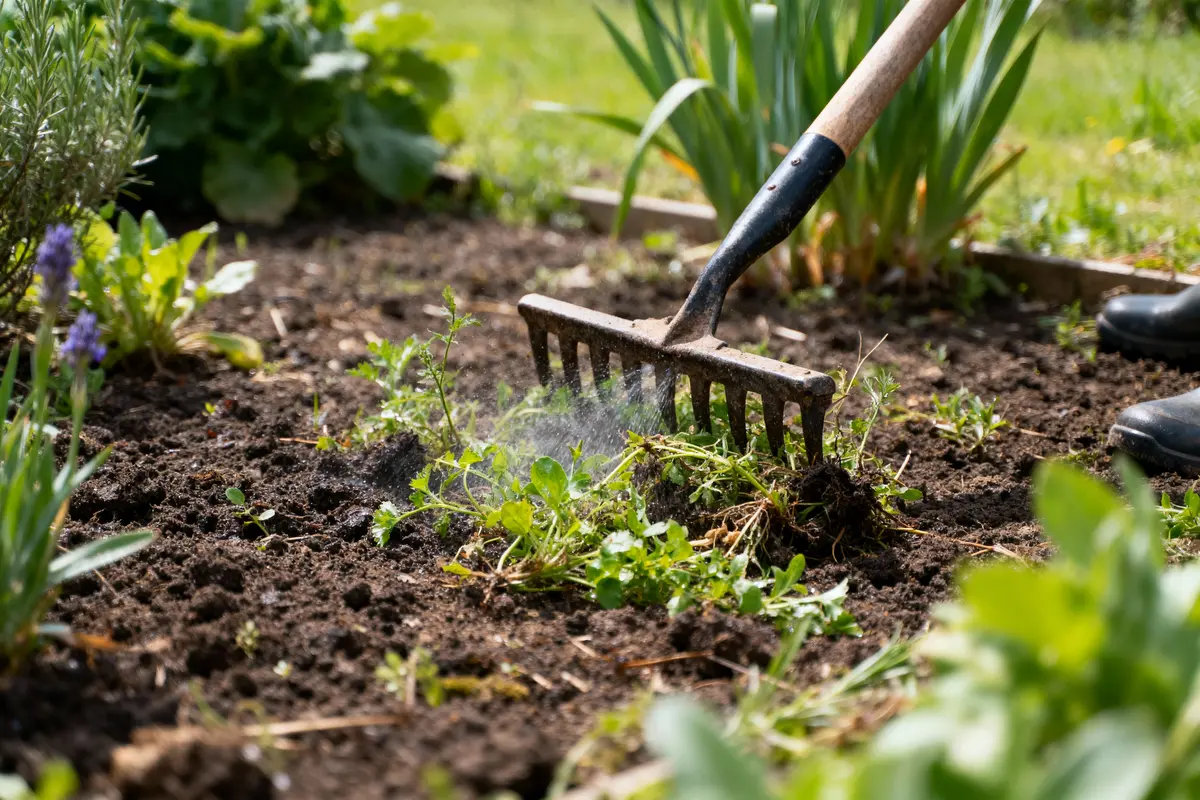 Râteau cultivant le sol d'un jardin avec des plantes vertes et des mauvaises herbes, par temps ensoleillé.