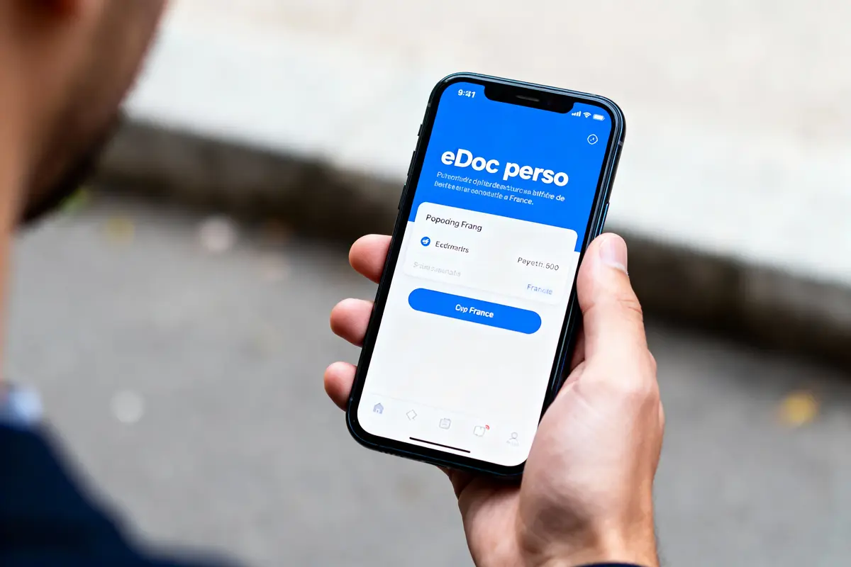 Personne tenant un smartphone affichant l'application "eDoc perso" avec interface et bouton "Cvp France".