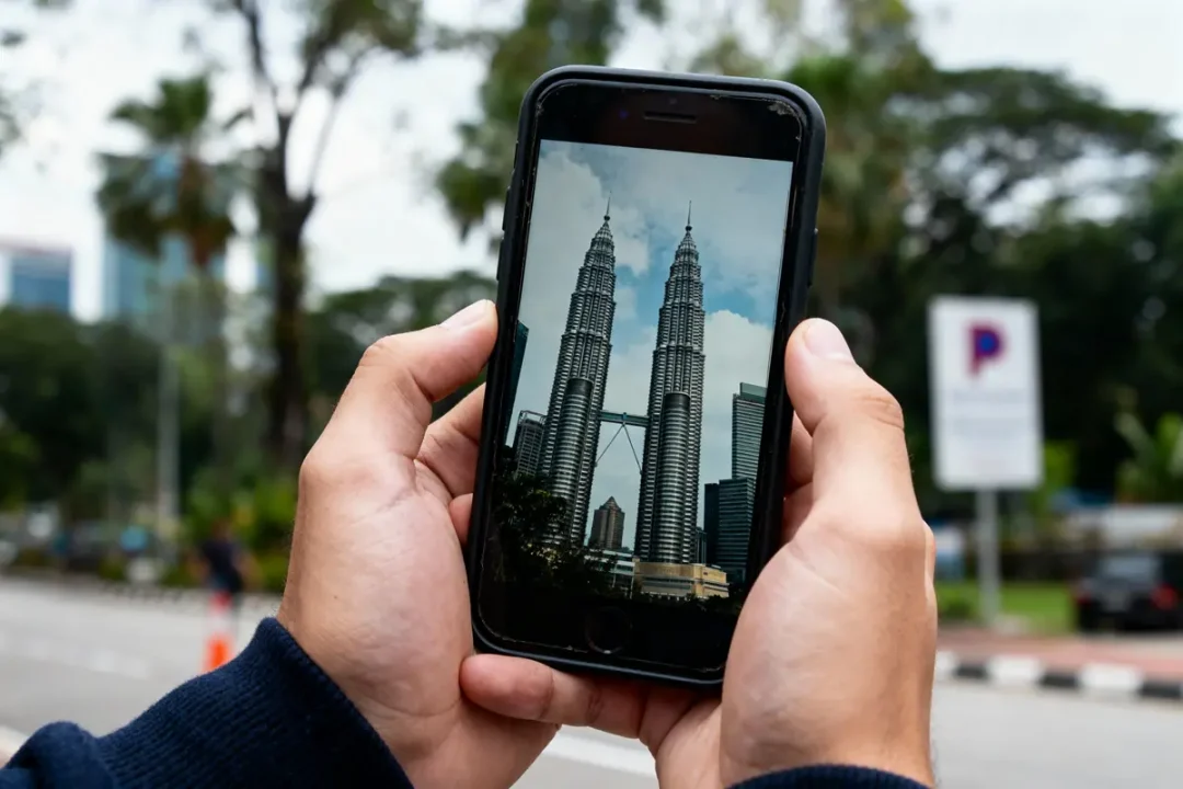 Personne tenant un smartphone affichant des tours jumelles sur l'écran, avec un arrière-plan flou extérieur.