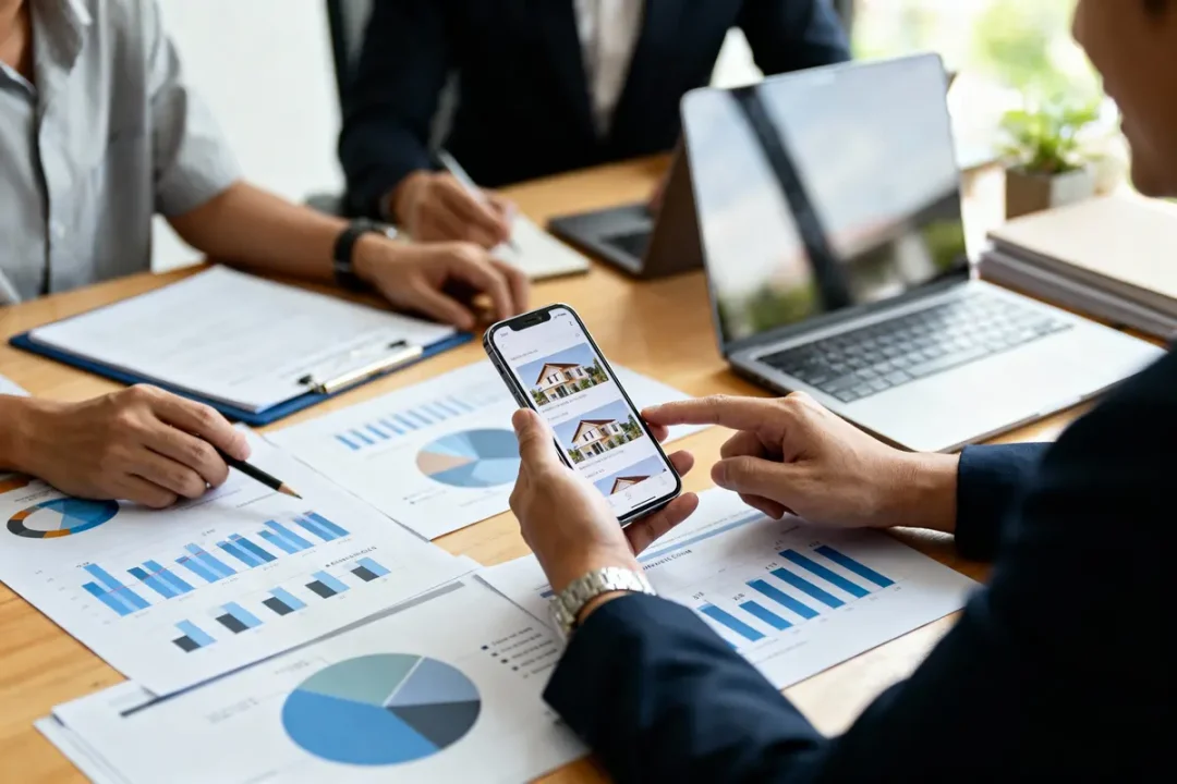 Personnes examinant graphiques financiers et image immobilière sur smartphone, autour d'une table avec ordinateur portable.