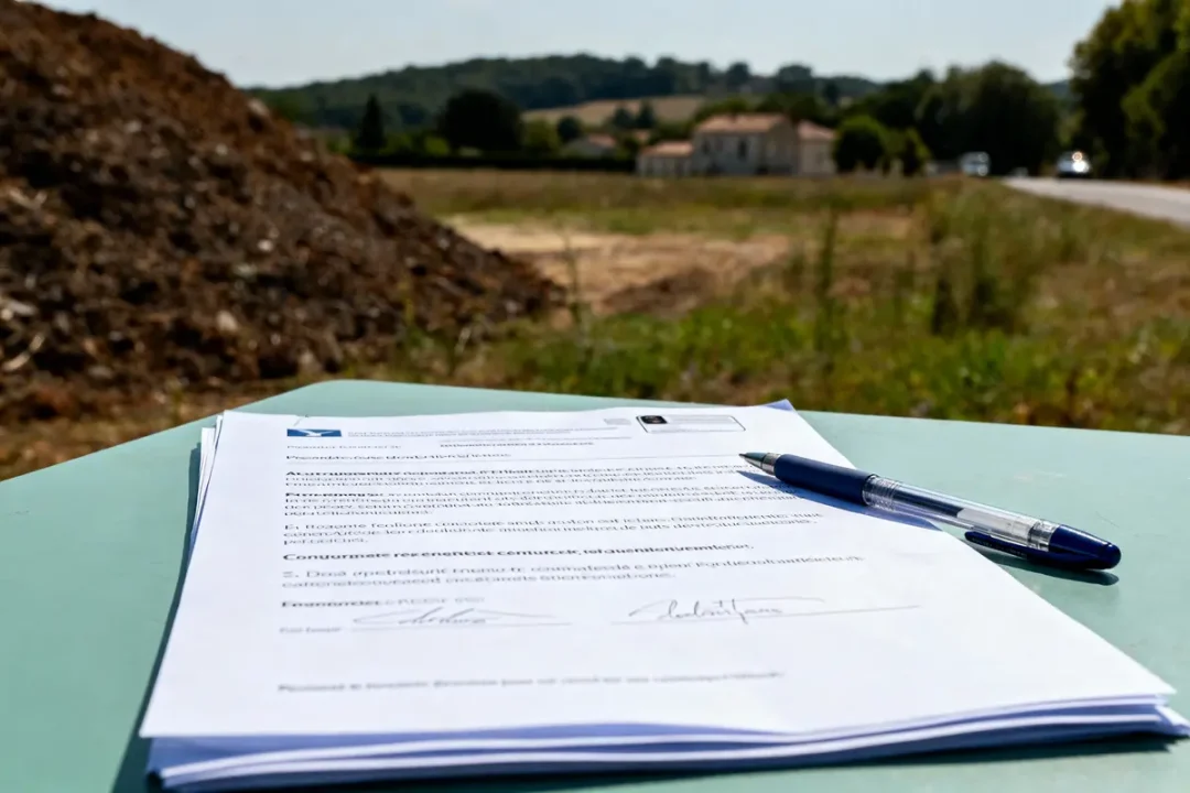 Documents avec stylo posés sur table verte, champ et maison en arrière-plan.