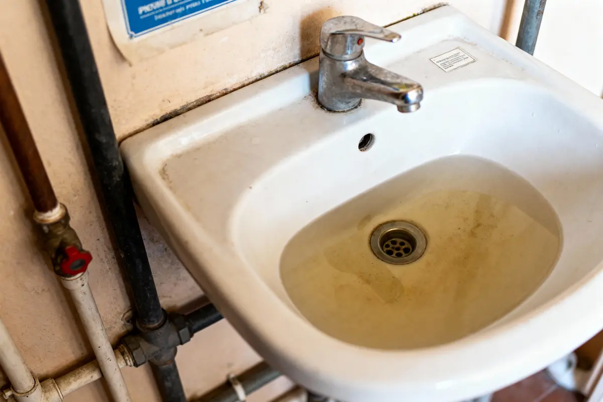 Lavabo blanc avec robinet, eau stagnante légèrement sale, tuyaux visibles en bas et à gauche.