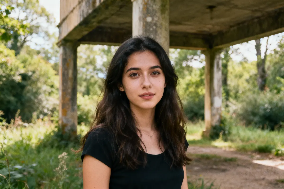 Jeune femme aux cheveux longs, portant un t-shirt noir, debout devant une structure en béton, nature verdoyante.
