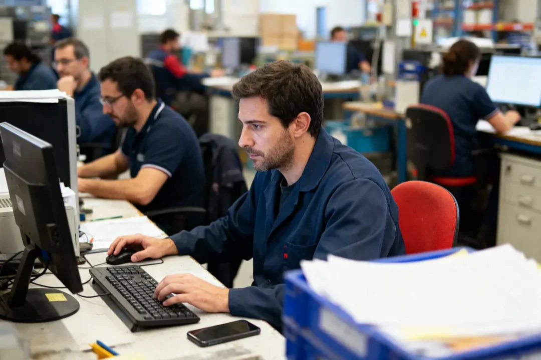Homme travaillant sur ordinateur dans un bureau industriel, entouré de collègues concentrés sur leurs tâches.