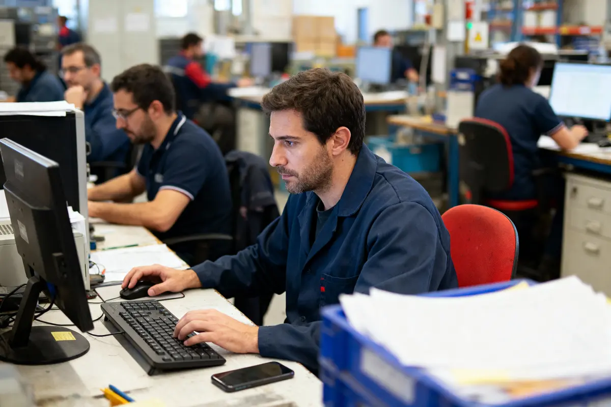 Homme travaillant sur ordinateur dans un bureau industriel, entouré de collègues concentrés sur leurs tâches.