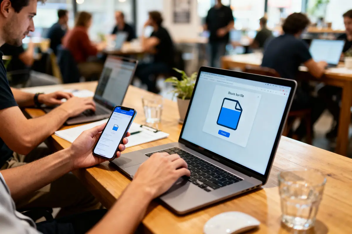 Personnes travaillant sur ordinateurs portables et smartphone, écran affichant téléchargement fichier, dans un environnement de bureau partagé.