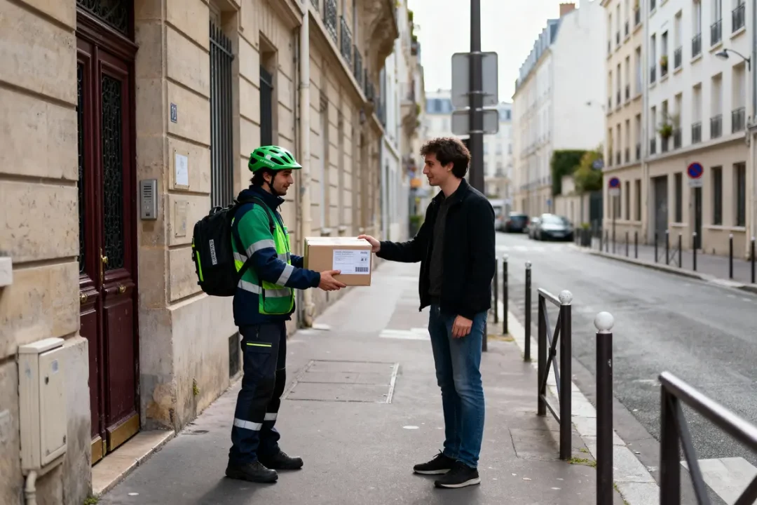 Livreur en uniforme vert remet un colis à un homme dans une rue urbaine calme.
