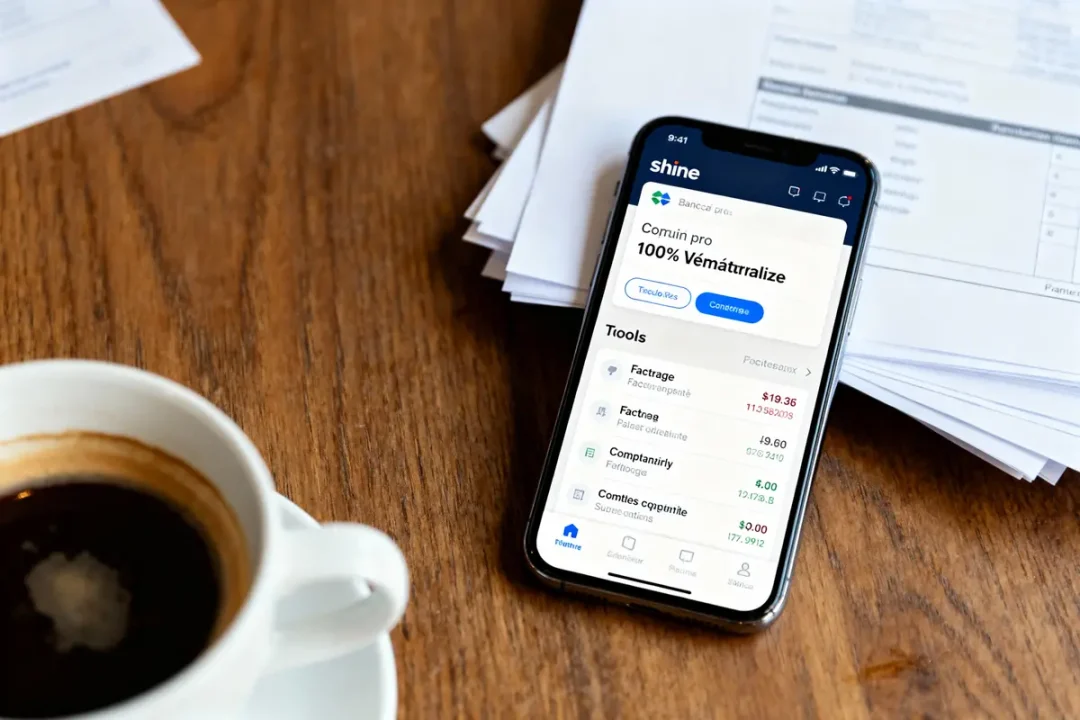Smartphone avec application de gestion financière affichée, posée sur table en bois, avec tasse de café et documents.