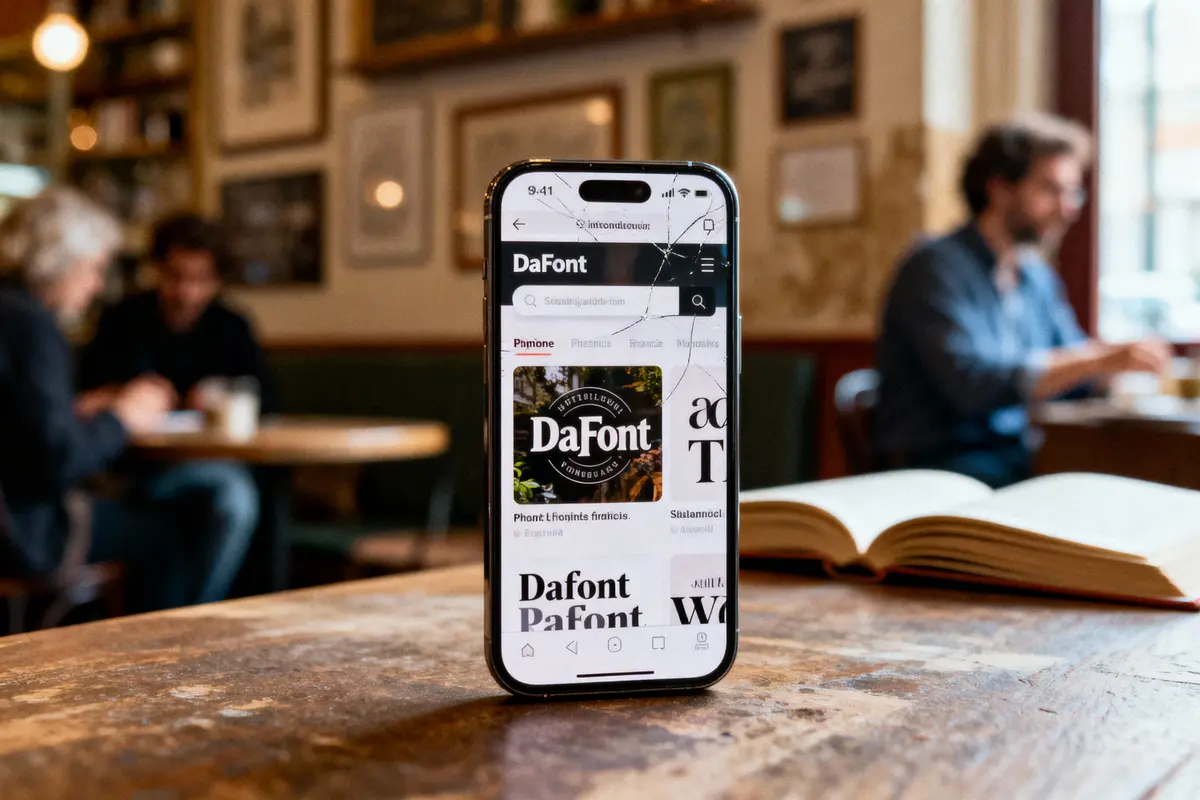 Smartphone sur table de café, écran fissuré affichant site DaFont. Deux personnes floues en arrière-plan.