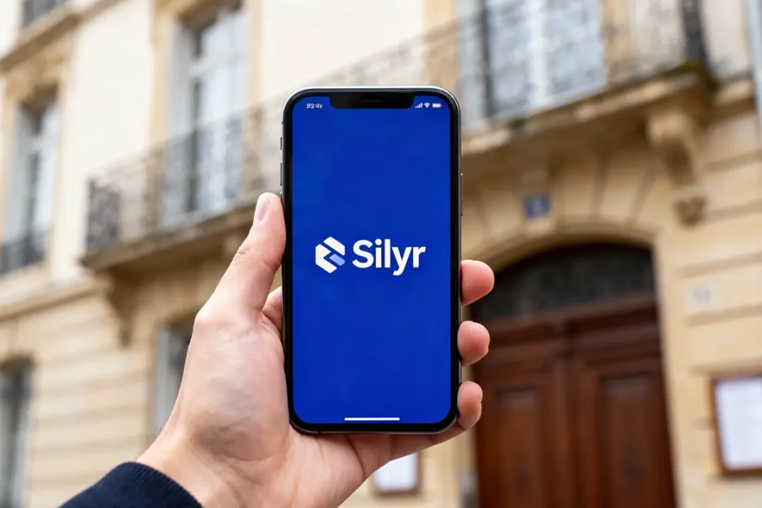 Main tenant un smartphone affichant le logo "Silyr" sur fond bleu, bâtiment flou en arrière-plan.