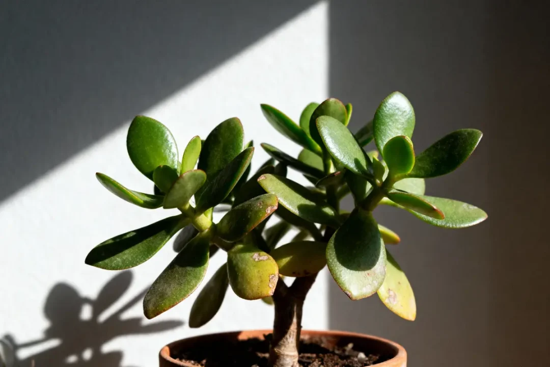 Plante succulente en pot, éclairée par le soleil, avec feuilles vertes et ombre sur mur blanc.