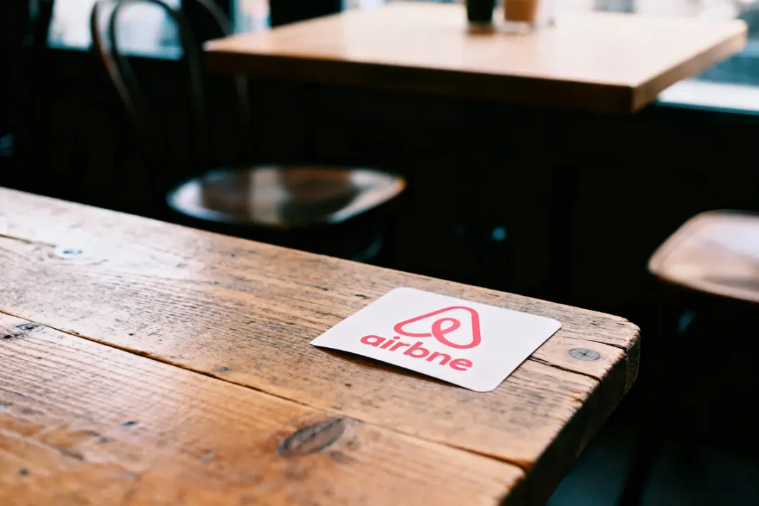 Carte avec logo "airbne" sur une table en bois, arrière-plan flou avec chaise et table.