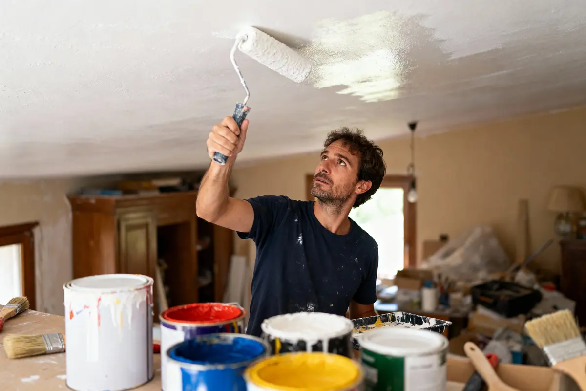 Un homme peint un plafond blanc avec un rouleau, entouré de pots de peinture colorés.