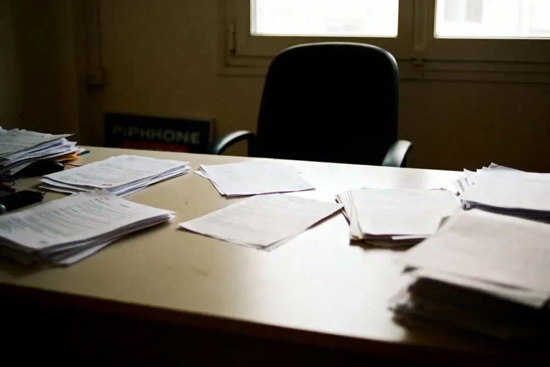 Bureau avec piles de papiers désordonnés, fauteuil vide, lumière naturelle filtrant par fenêtre.