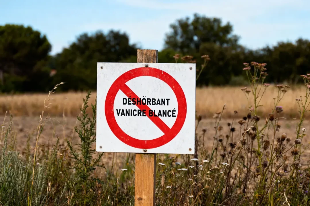 Panneau interdit, texte "Désherbant Vanicre Blancé", nature en arrière-plan, champ, végétation sauvage.