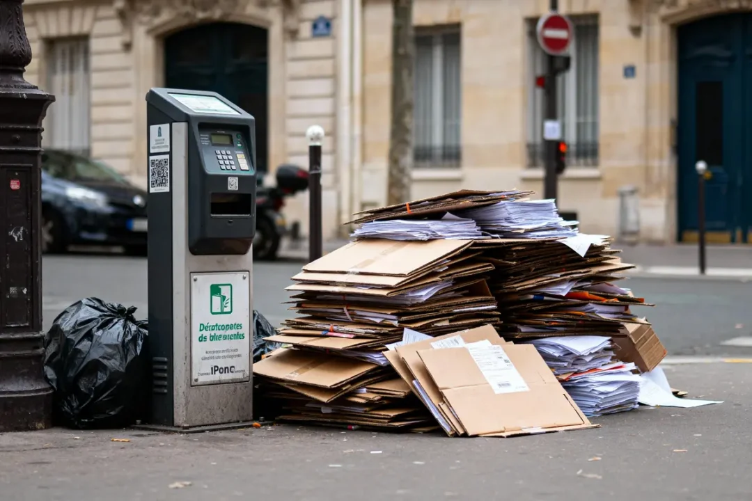 Pile de cartons et papiers, poubelle noire, stationnement urbain devant immeubles.