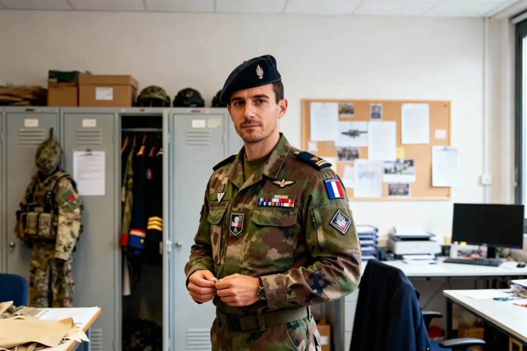 Militaire en uniforme, béret bleu, dans un bureau avec casiers, dossiers et équipement militaire.