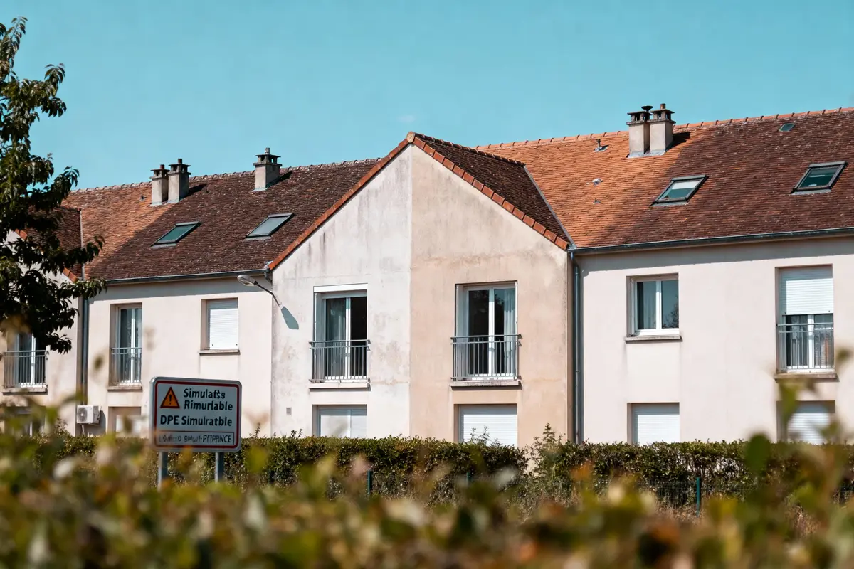 Maisons à toit en tuiles sous ciel bleu, enseigne "Simulass Rimurtable DPE Simultable", buissons au premier plan.