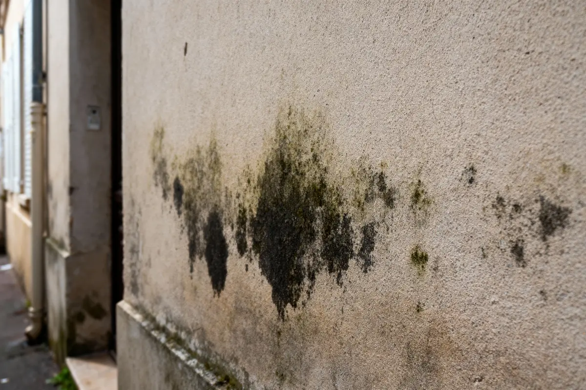 Mur extérieur beige avec moisissure noire et verte, signe d'humidité. Fenêtre à gauche partiellement visible.