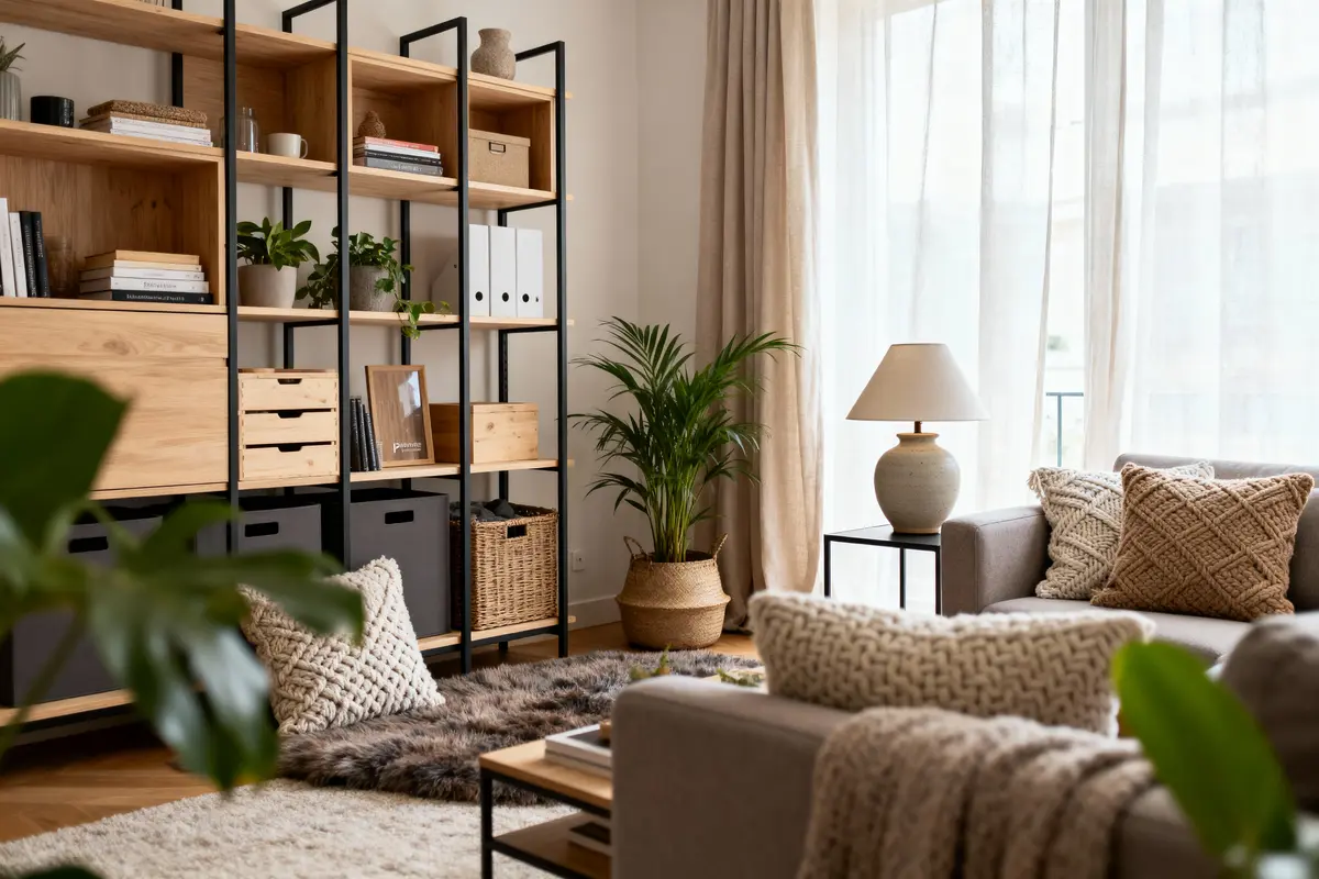 Salon moderne avec étagères en bois, plantes vertes, canapés gris, coussins tricotés, et grande fenêtre lumineuse.