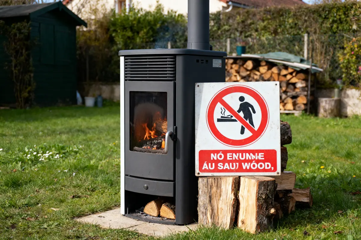 Poêle extérieur en métal avec feu allumé, panneau interdit de fumer, bûches empilées dans un jardin herbeux.